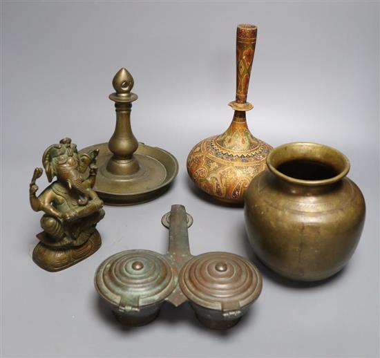 A group of indian bronze vessels, a figure of Ganesh, a Kashmiri polychrome wood vase, 24cm high